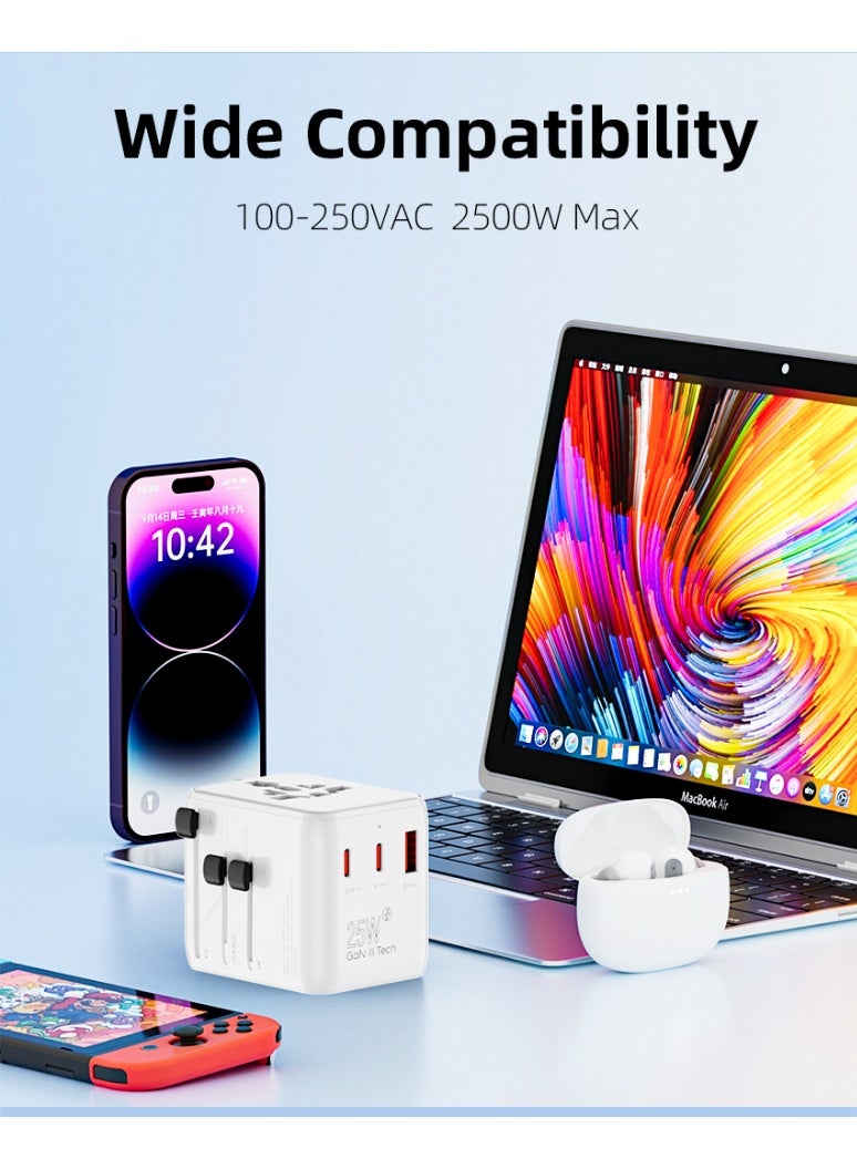 Voltrava Universal Travel Plug Adapter with 2 AC Outlets, PD 25W Fast Charging, Dual USB-C & USB-A Ports – International Multi Plug Power Adapter for Worldwide Travel, Compatible with US UK EU AU Asia – Compact All-in-One Travel Charger - White - Image 4